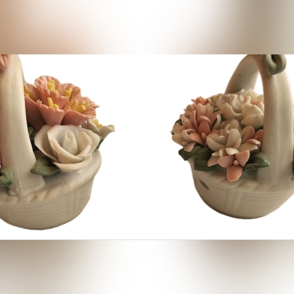Vintage Small Ceramic Baskets (2) Delicate Colorful Flowers, Handle, Decorative - Picture 6 of 12